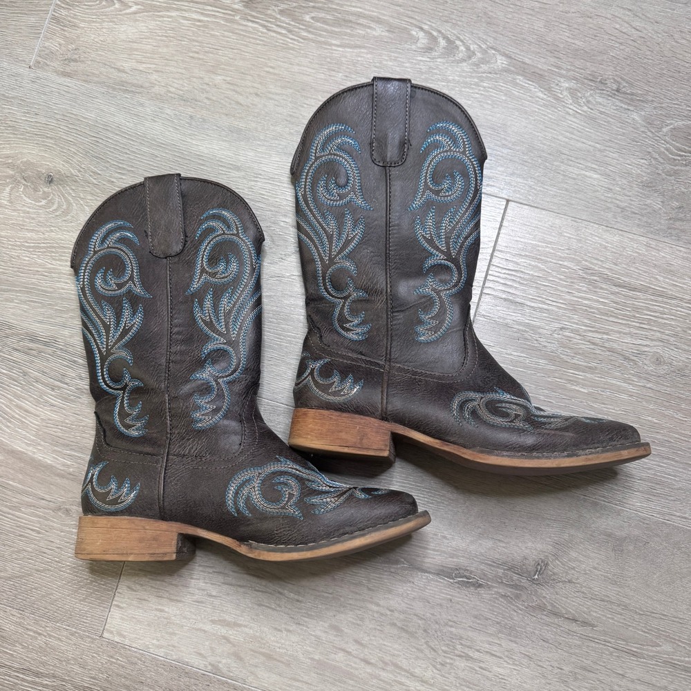 Roper Womens Brown Square Toe Western Cowboy Boots Blue Stitching Size 5